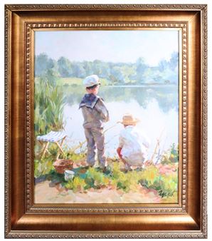 B. Zyceb, Children Fishing, Oil on Canvas - B. Zyceb
