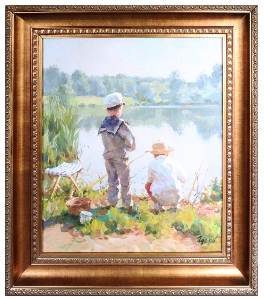 Artwork by B. Zyceb, B. Zyceb, Children Fishing, Oil on Canvas, Made of oil on canvas