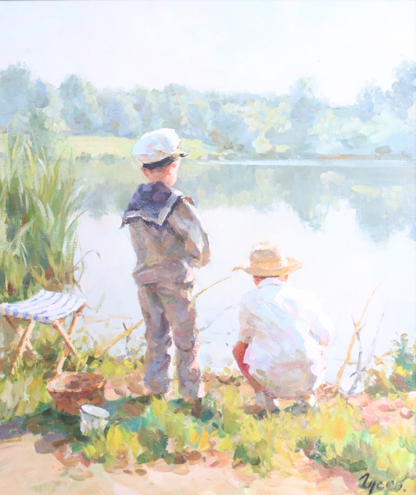 Artwork by B. Zyceb, B. Zyceb, Children Fishing, Oil on Canvas, Made of oil on canvas