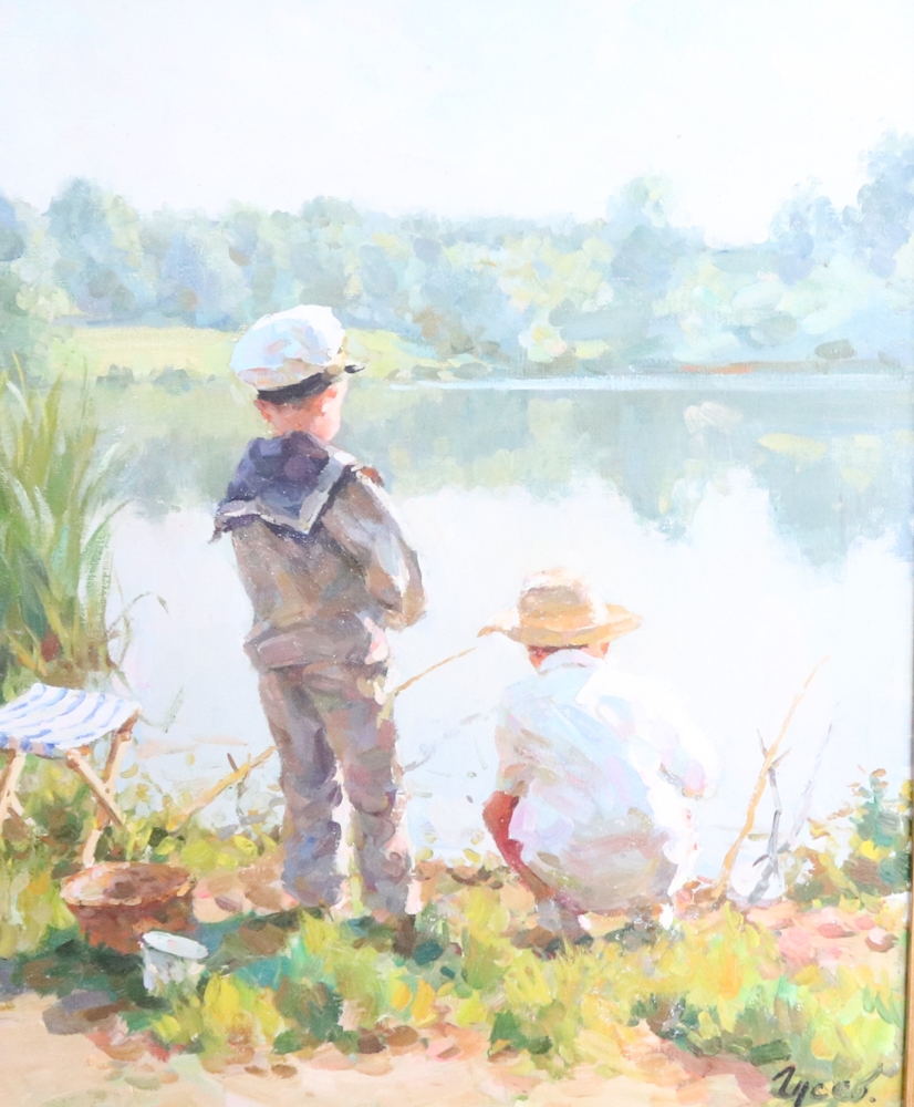 Artwork by B. Zyceb, B. Zyceb, Children Fishing, Oil on Canvas, Made of oil on canvas