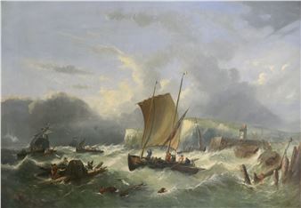 A dramatic seascape painting depicting a small boat battling rough waves near a rocky coastline.