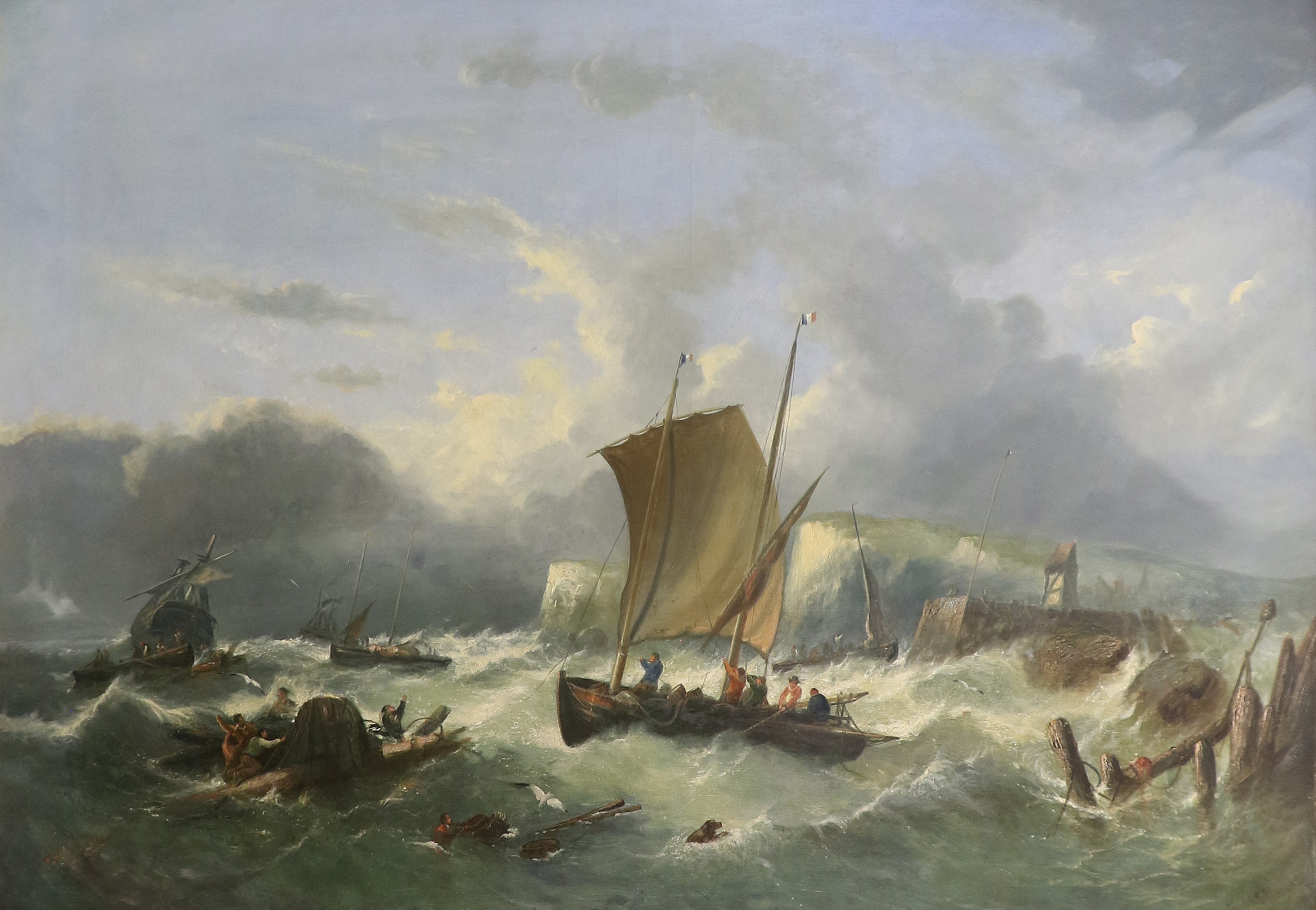 A dramatic seascape painting depicting a small boat battling rough waves near a rocky coastline.