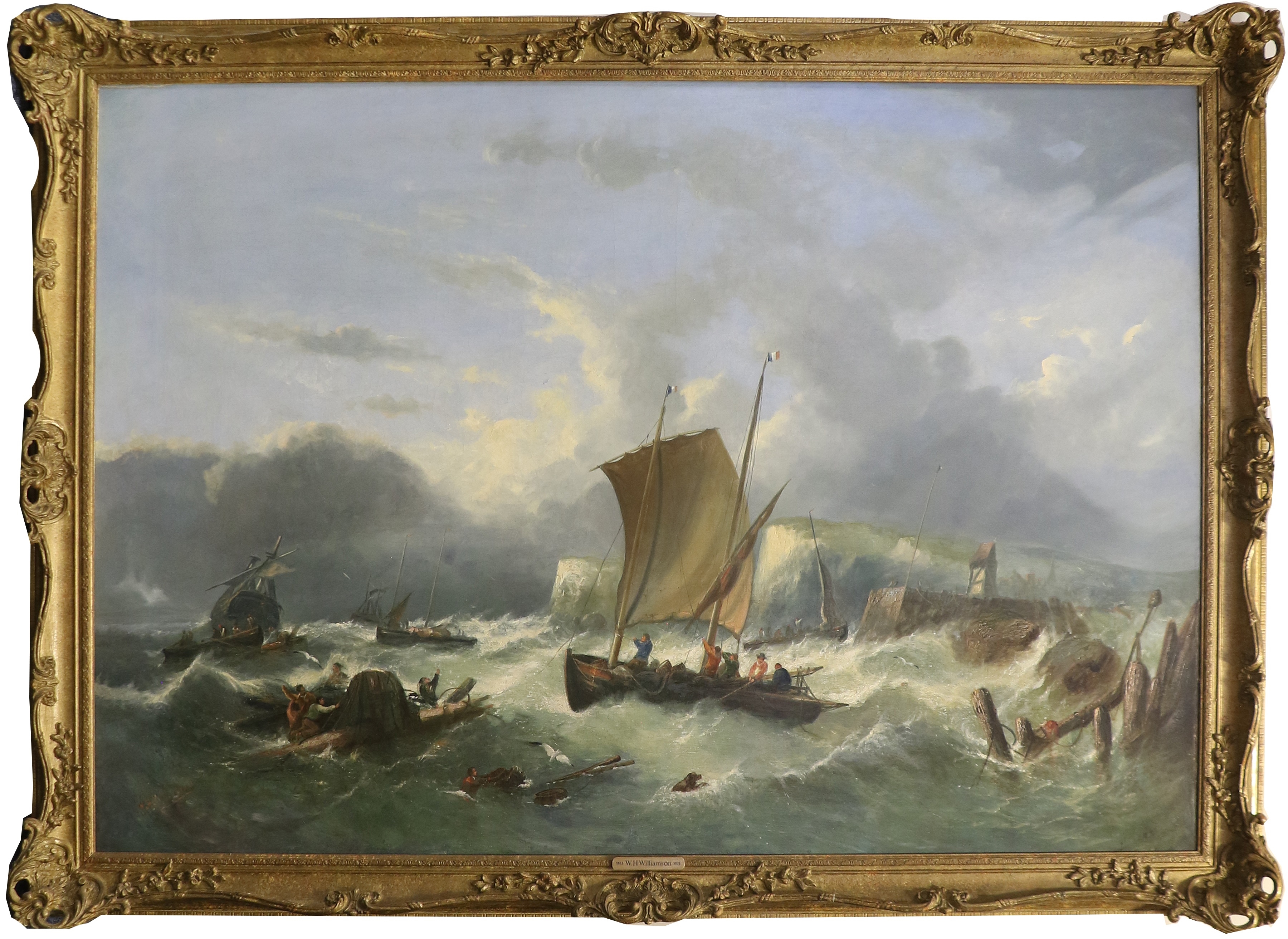 A dramatic seascape painting depicting a small boat battling rough waves near a rocky coastline.