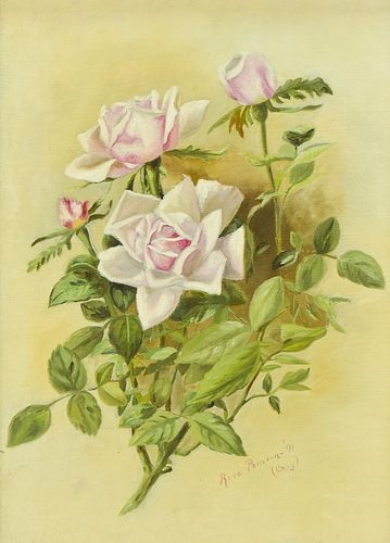 A classical botanical painting of pink roses in an ornate gold frame.