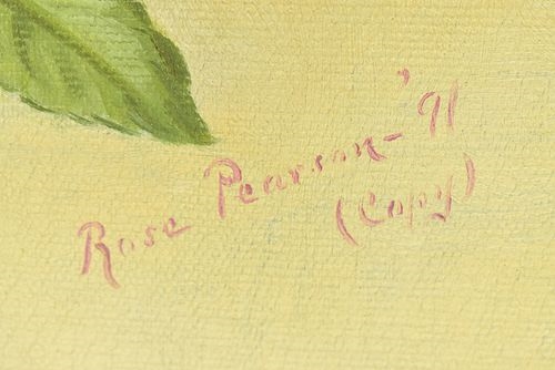 A classical botanical painting of pink roses in an ornate gold frame.
