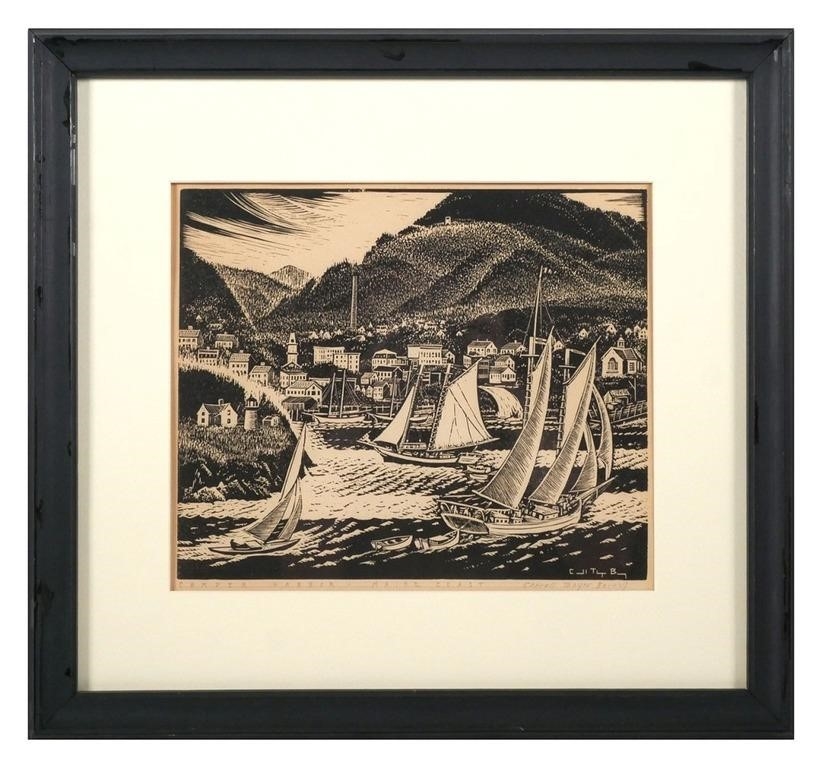 Artwork by Caroll Thayer Berry, Engraving on paper of Camden Harbor, Made of Engraving on paper