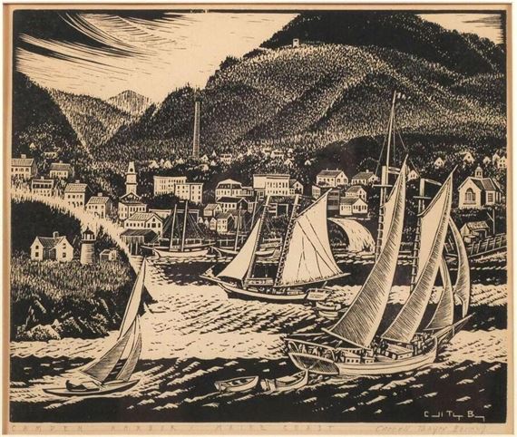 Engraving on paper of Camden Harbor by Caroll Thayer Berry
