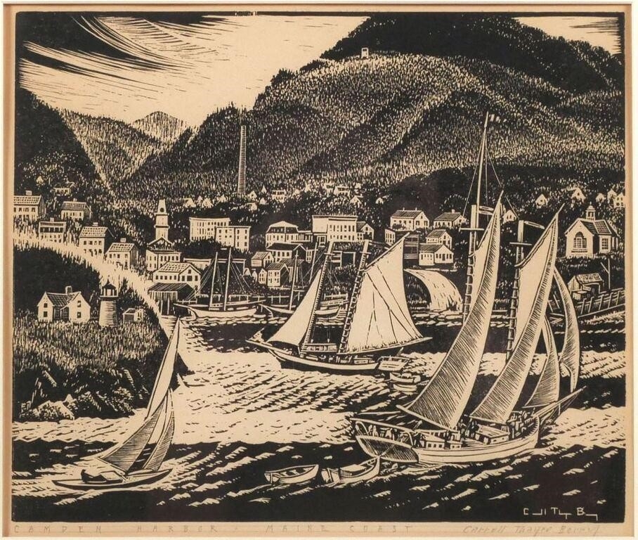 Artwork by Caroll Thayer Berry, Engraving on paper of Camden Harbor, Made of Engraving on paper
