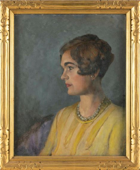Profile bust portrait of a woman wearing pearls and a yellow dress by Charles Vezin
