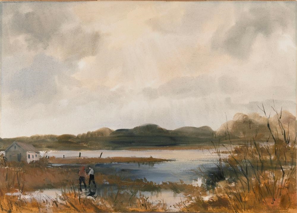 Artwork by Jerri Ricci, Figures on a marsh, Made of Watercolor on board