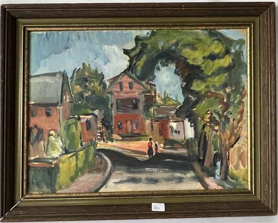 Estate stamped Helen Stein (1896-1964) double-sided oil on board street and harbor scene by Helen Stein