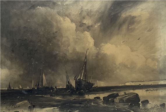 Fishing Boats on the Shore by George Sheffield, dated 1885