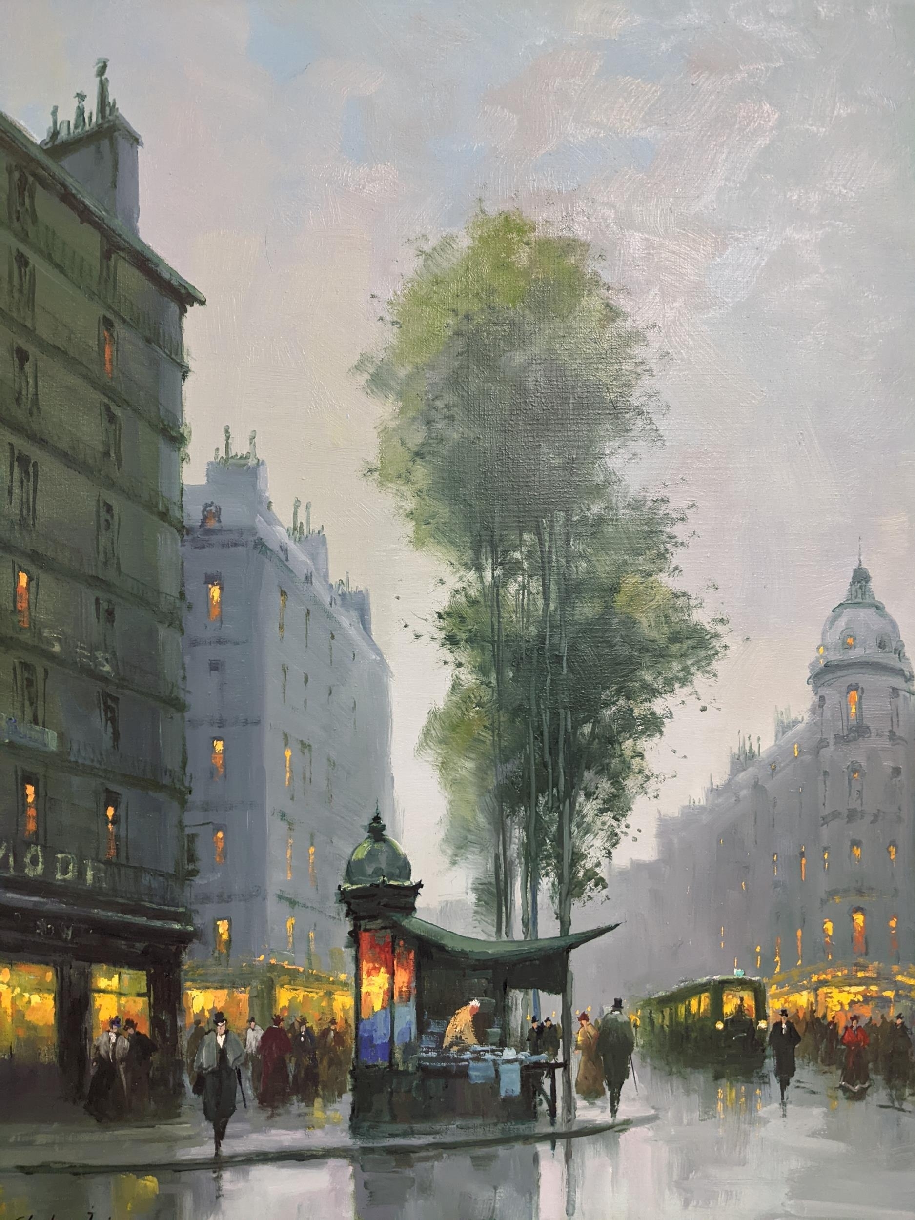 Artwork by Charles Janin, Charles Janin - two French Parisian street town scenes with horse and carriage, Made of oil on canvas