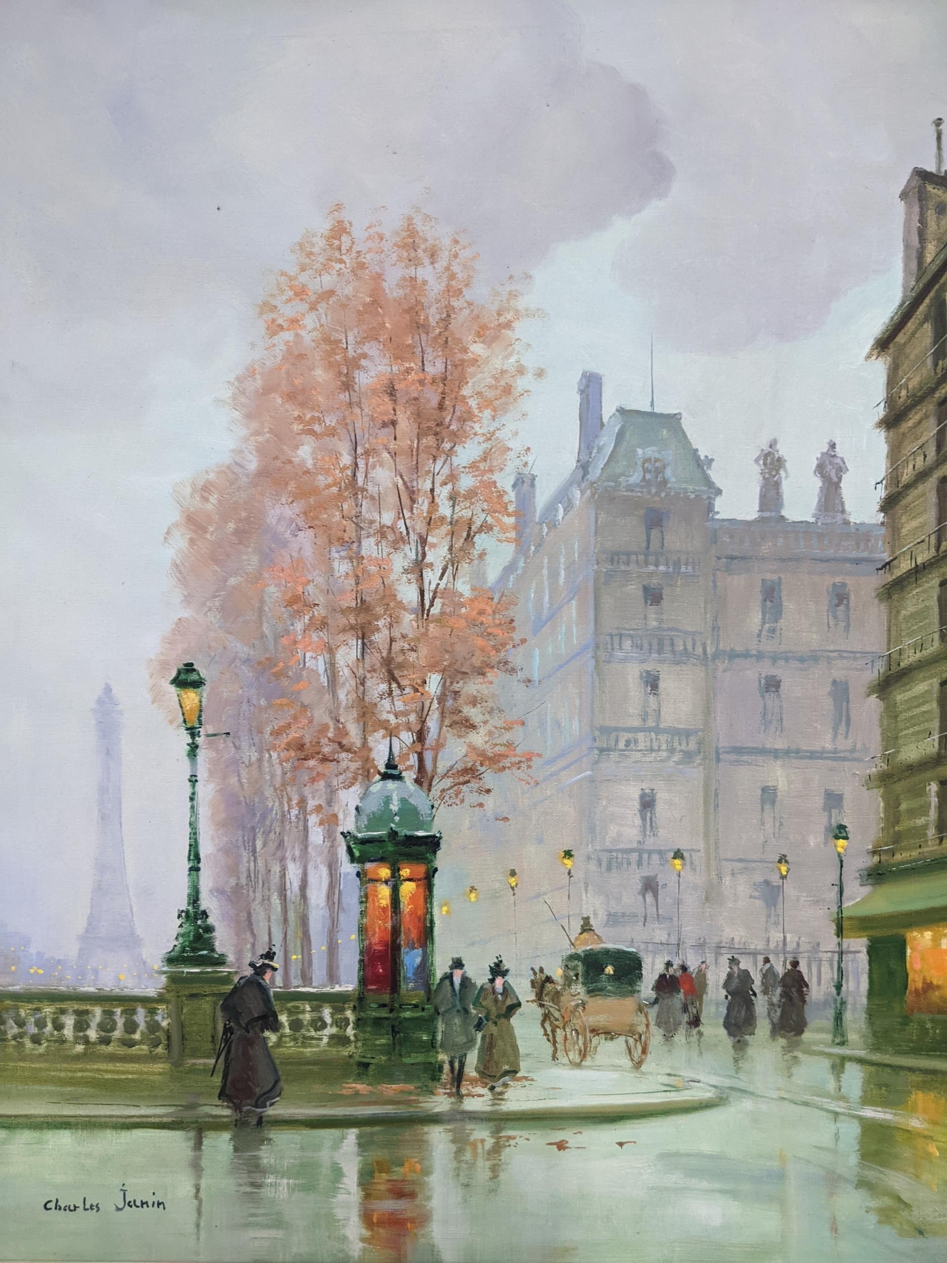 Artwork by Charles Janin, Charles Janin - two French Parisian street town scenes with horse and carriage, Made of oil on canvas