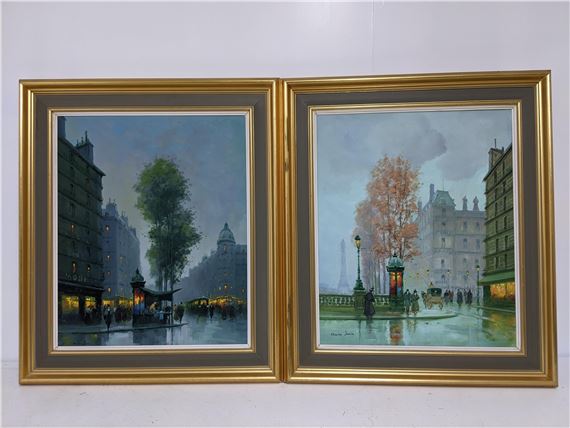 Charles Janin - two French Parisian street town scenes with horse and carriage - Charles Janin