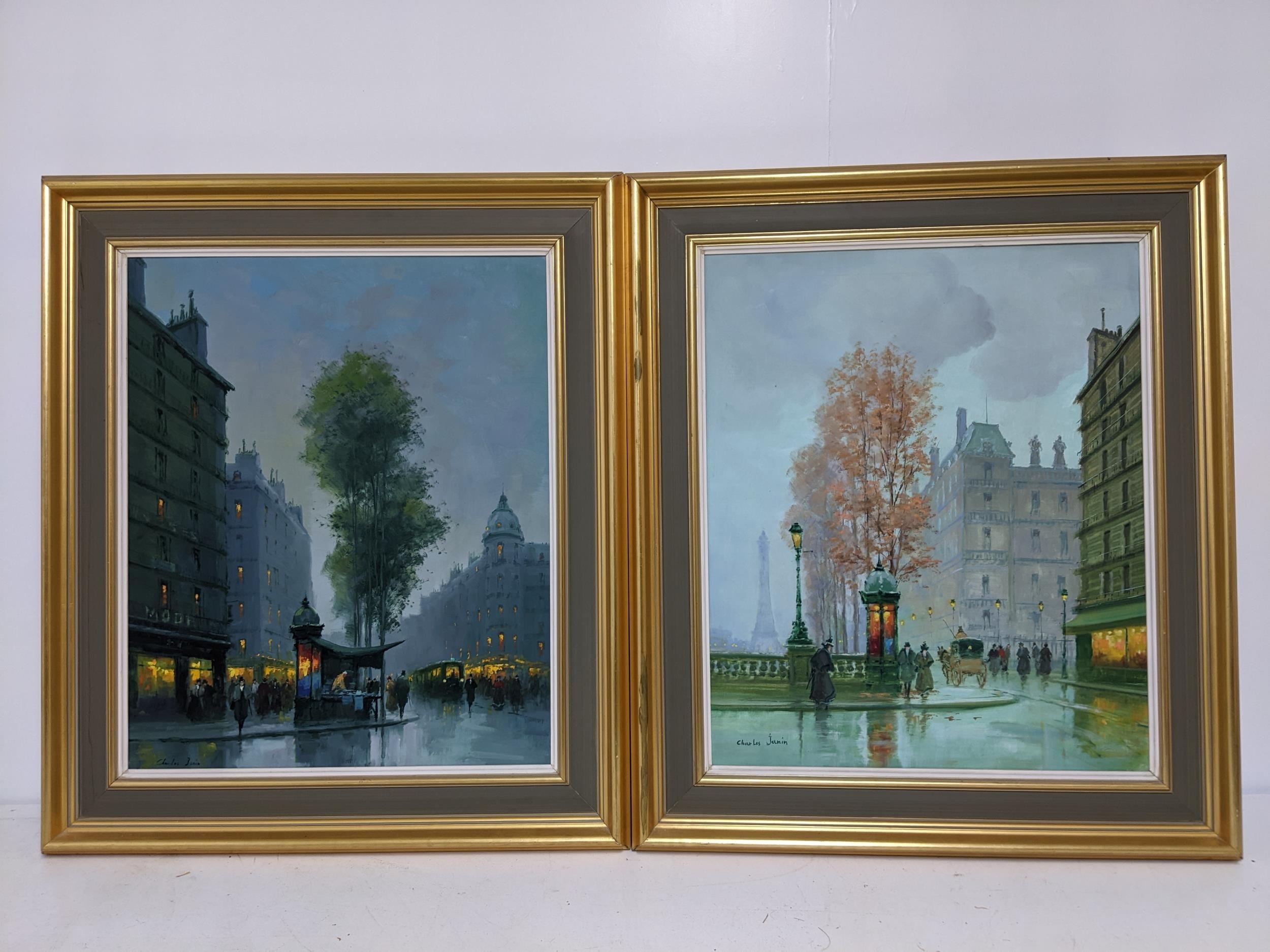 Artwork by Charles Janin, Charles Janin - two French Parisian street town scenes with horse and carriage, Made of oil on canvas