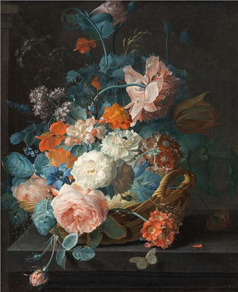 Rich still life of flowers in a wicker basket with a butterfly and bug by Coenraet Conrad Roepel