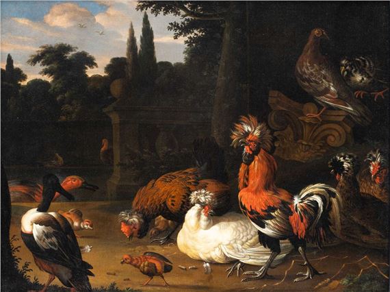 Rooster, chickens and ducks in a garden setting - Pieter van Mase