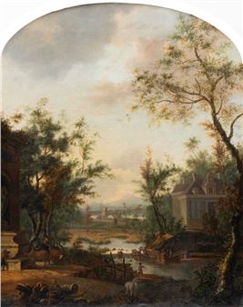 Arcadian landscape with shepherds and cattle by the water near a country house - Johannes Buma