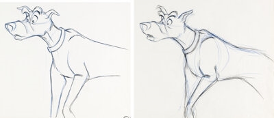 Artwork by Randy Cartwright, The Fox and the Hound Pair of Chief Animation Drawings by Randy Cartwright (Walt Disney, Made of graphite with color pencil and
