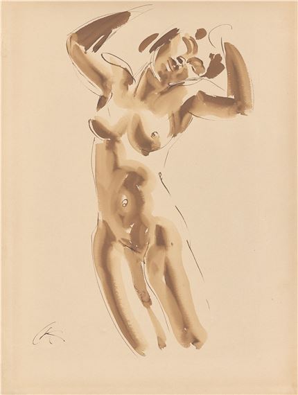 Standing nude with raised arms
