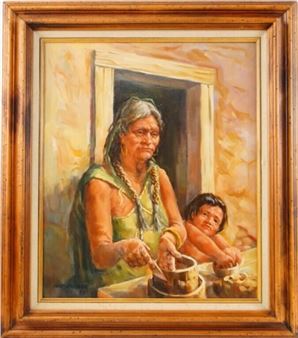 Depicting a Native potter teaching a child signed lower left measures 24" x 20" - frame 32.5" x 27.5" - Art Garber