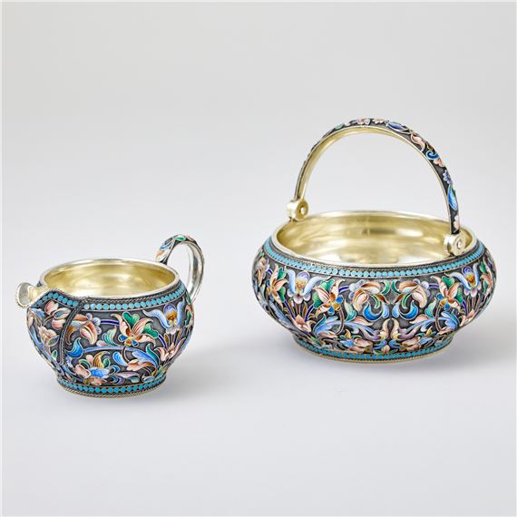 Russian Silver-Gilt and Cloisonné Enamel Sugar Bowl and Cream Jug