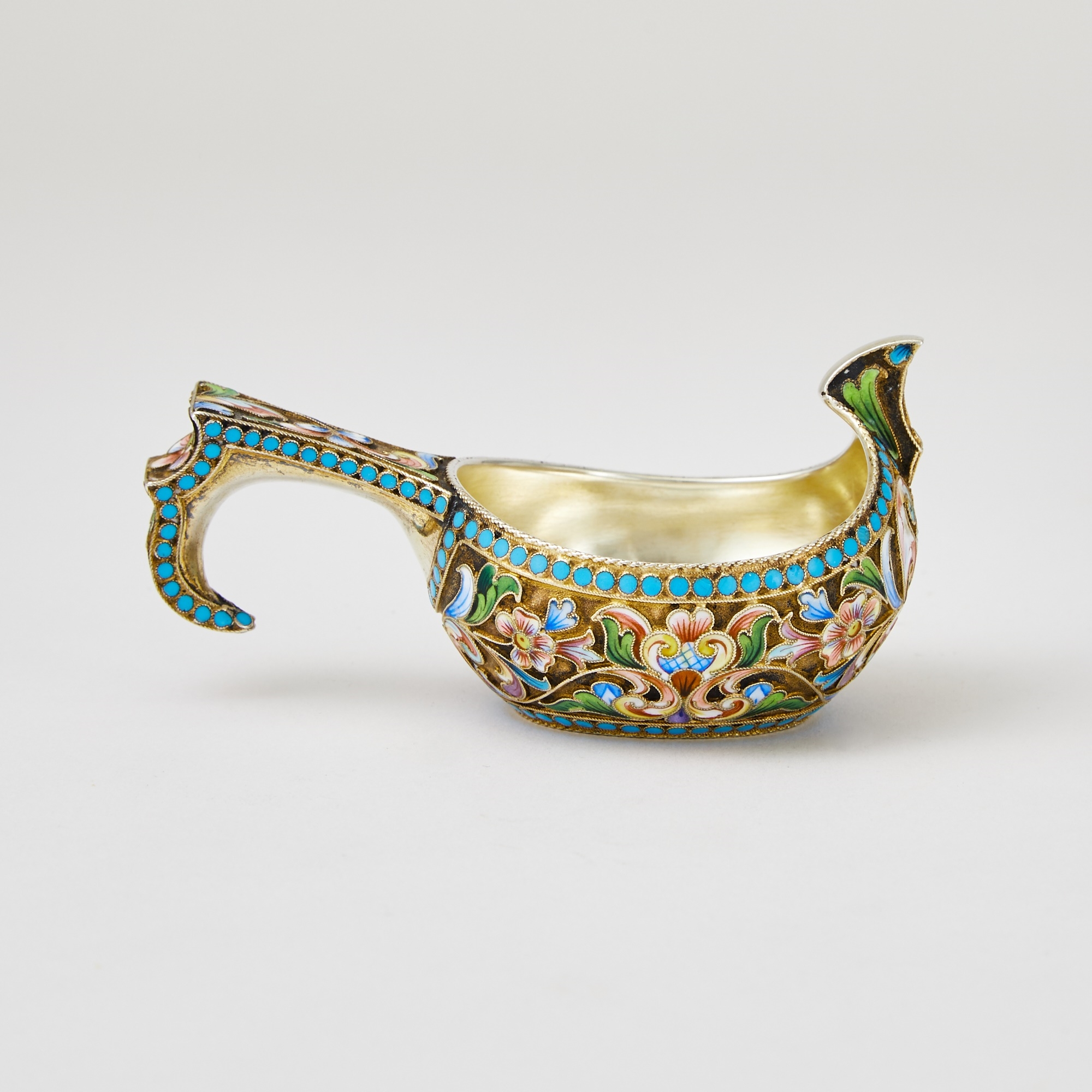 Artwork by Maria Semenova, Russian Silver-Gilt and Cloisonné Enamel Kovsh, Made of enameled