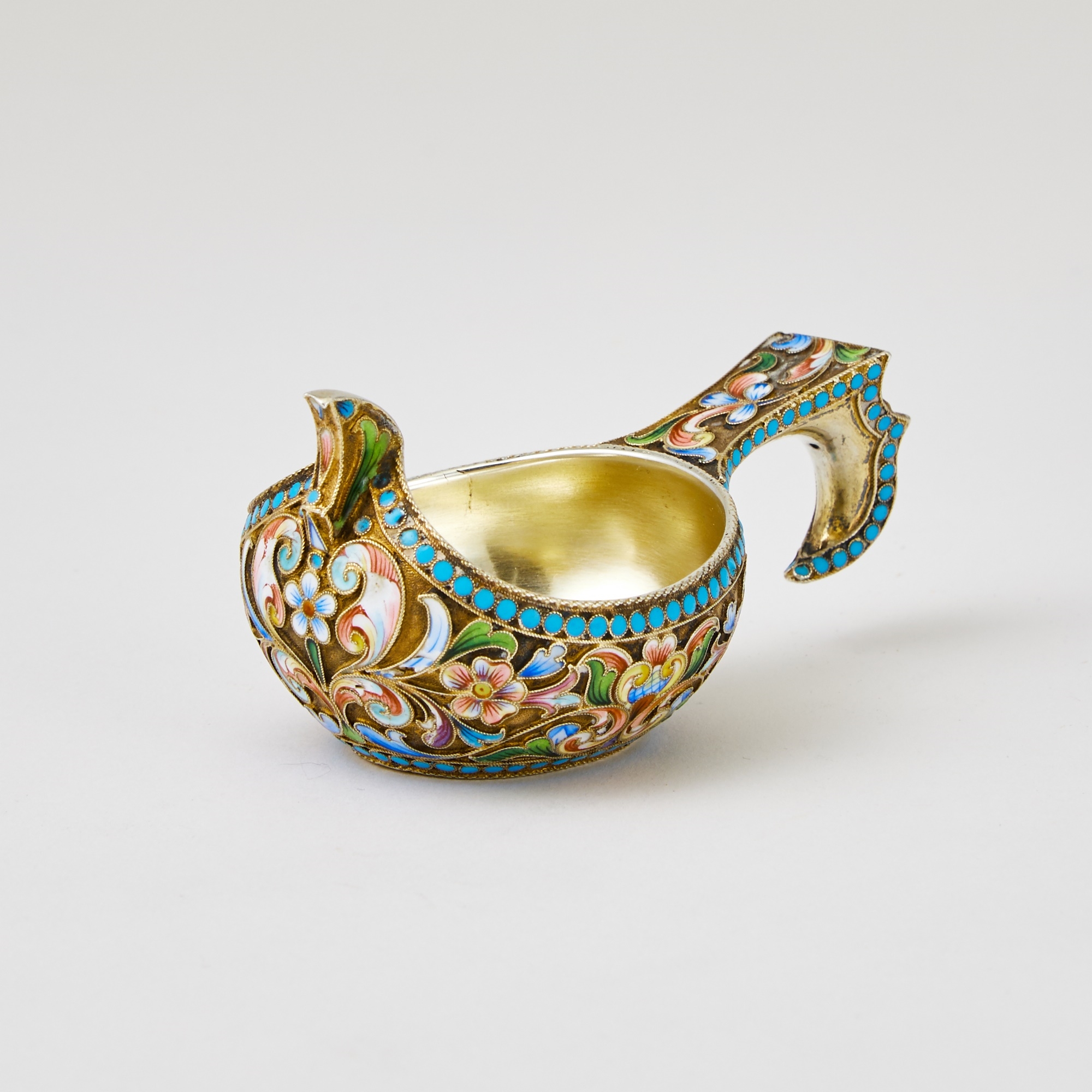 Artwork by Maria Semenova, Russian Silver-Gilt and Cloisonné Enamel Kovsh, Made of enameled