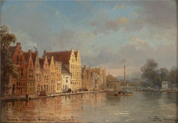 Lot of two views of a city in the North or the Netherlands: - Boat, barques, gray weather. Oil on panel. Signed lower right by Pierre Justin Ouvrié