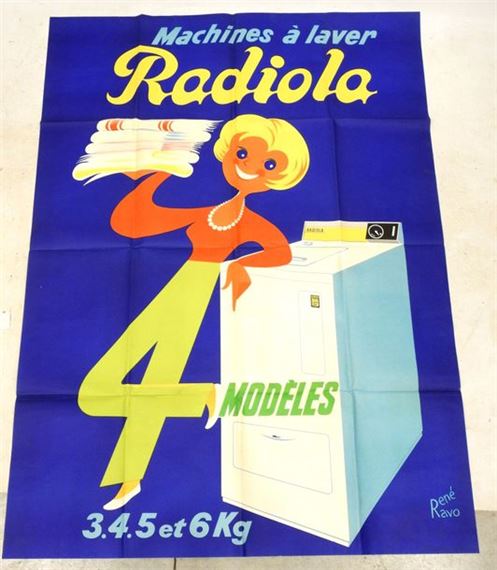 A vibrant mid-century advertisement poster featuring a stylized woman and a washing machine.