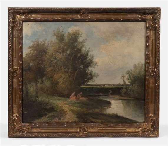 Lakescapes with figures, one at dusk. Two oil paintings. Signed lower left by Gerard Buysen