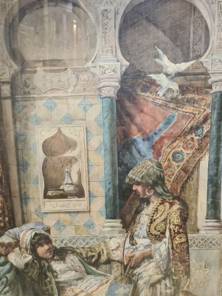 Artwork by Edouardo Vitali, , 19th-20th century Two women in a harem watercolor gouache, lower right: E, Made of watercolor gouache