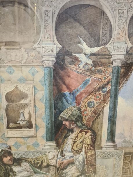 Artwork by Edouardo Vitali, , 19th-20th century Two women in a harem watercolor gouache, lower right: E, Made of watercolor gouache