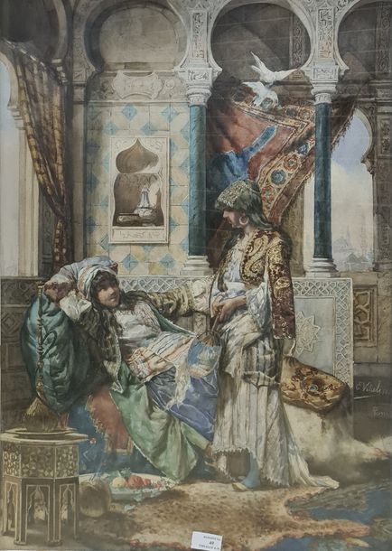 Artwork by Edouardo Vitali, , 19th-20th century Two women in a harem watercolor gouache, lower right: E, Made of watercolor gouache