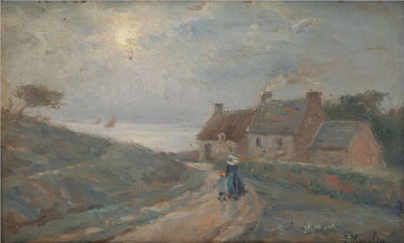 Jacques Marcelin | Two paintings of Breton views: - Woman and child on ...