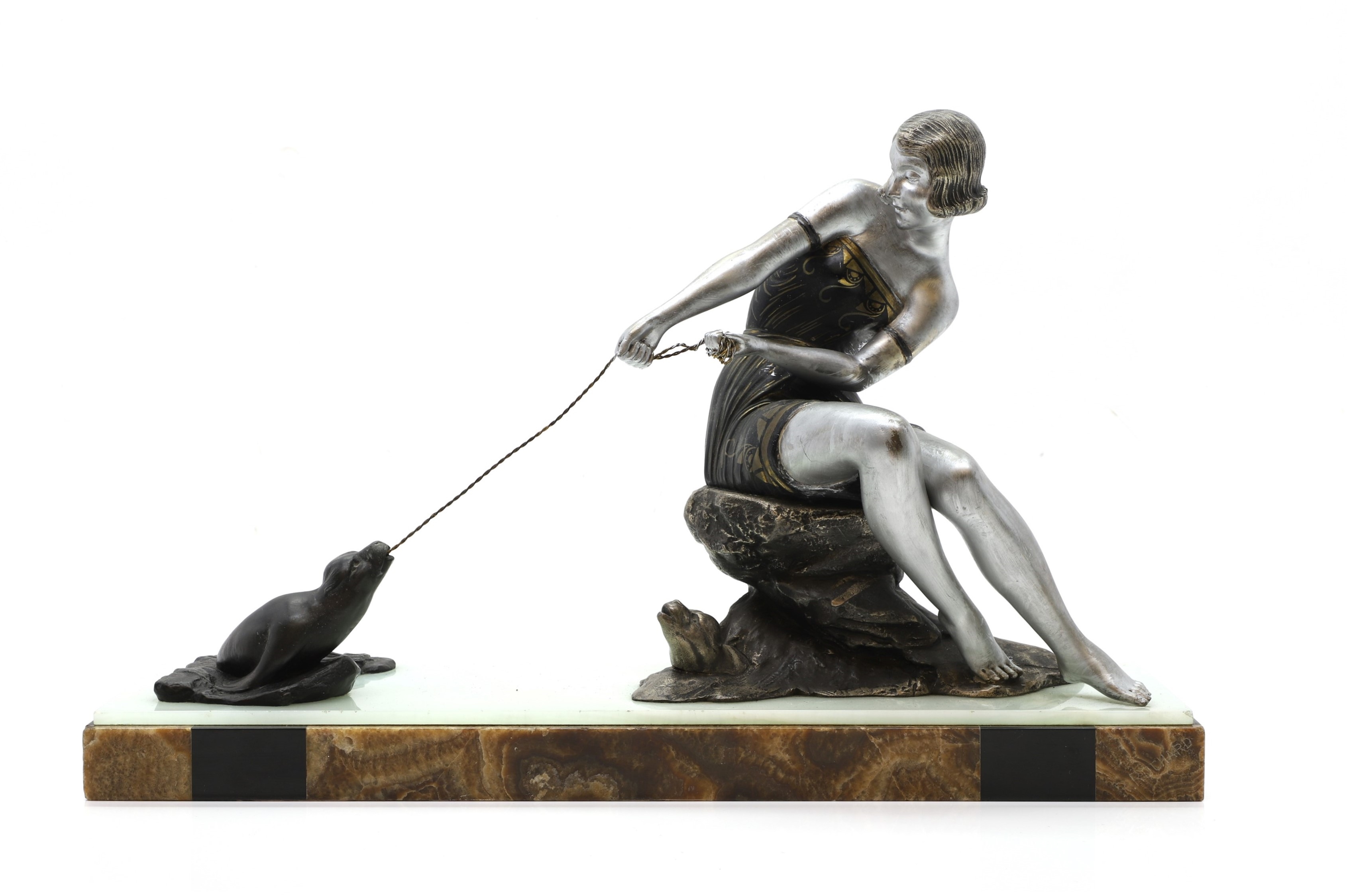 Irénée Rochard | a cold painted bronze sculpture of a girl with seals ...