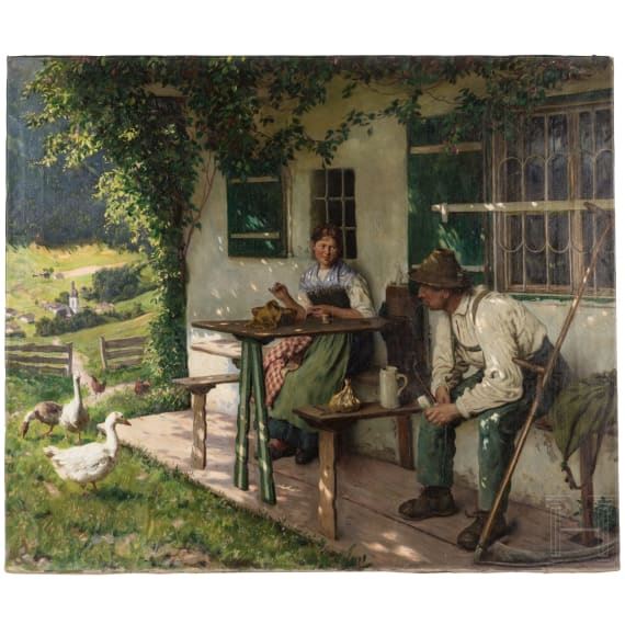 Emil Rau | Rest in front of an Alpine hut (Circa 1900) | MutualArt