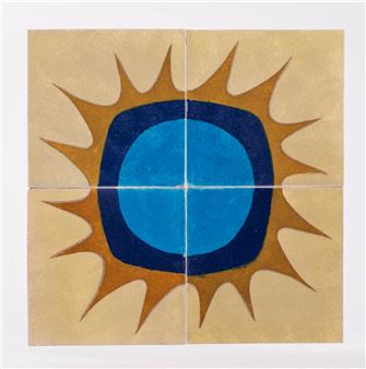 Painel de 4 azulejos em cerâmica Viúva de Lamego, padrão de c.1964, montados em placa de acrílico - Cecícilia de Sousa