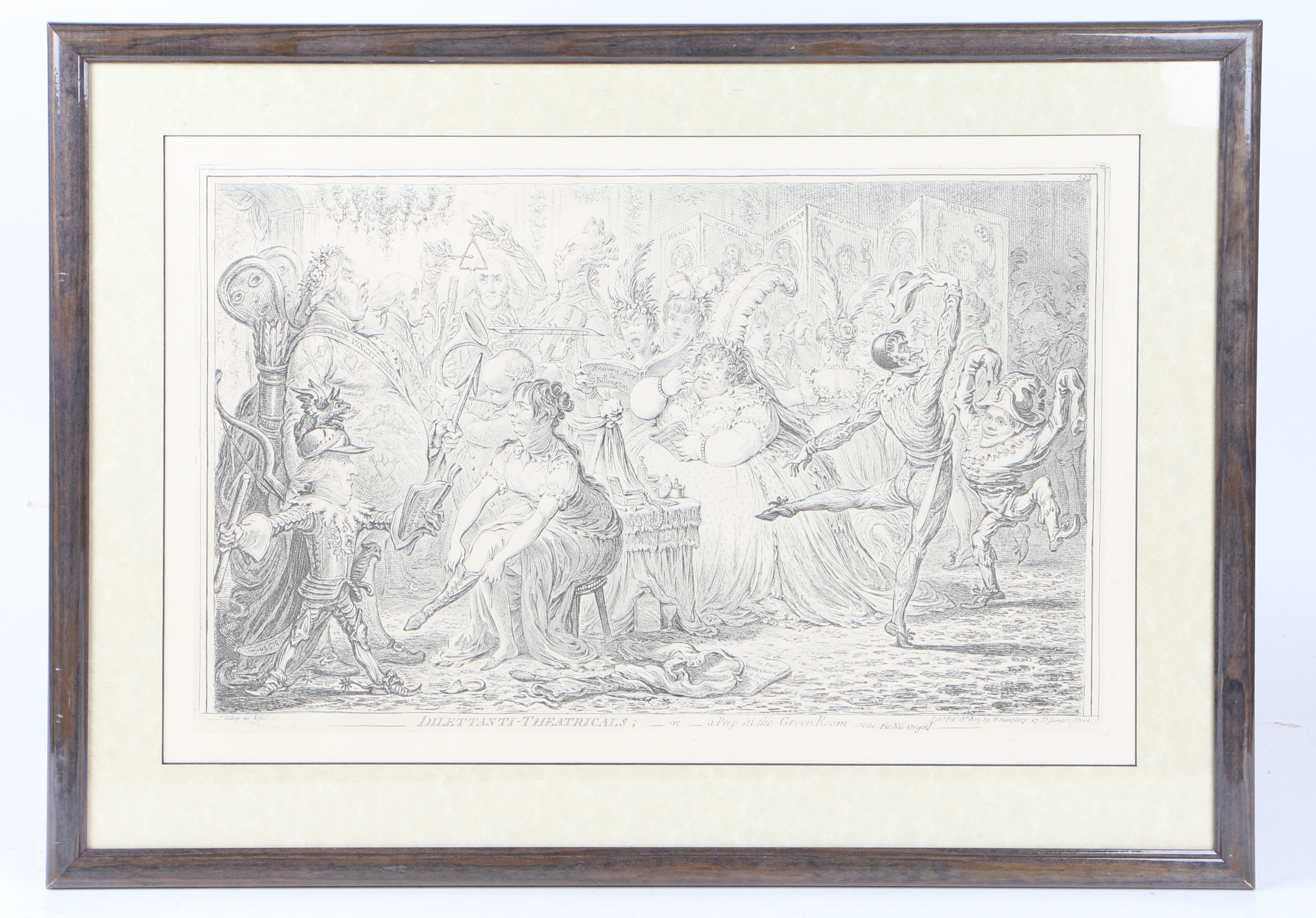 Artwork by James Gillray, 1815) "DILETTANTI-THEATRICALS OR A PEEP AT THE GREEN ROOM"., Made of etching on paper