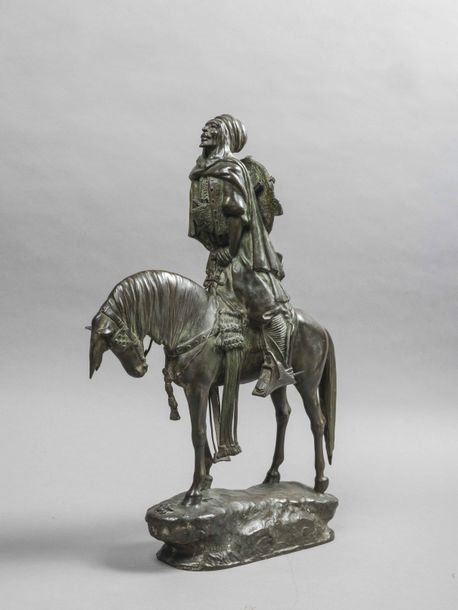 Artwork by J.M. DUVAL, Arab rider Bronze proof with greenish-brown patina, signed on the terrace, Susse Frères cast. Height, Made of brown patina