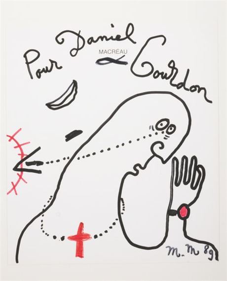 Character with his hand raised by Michel Macréau, 1989