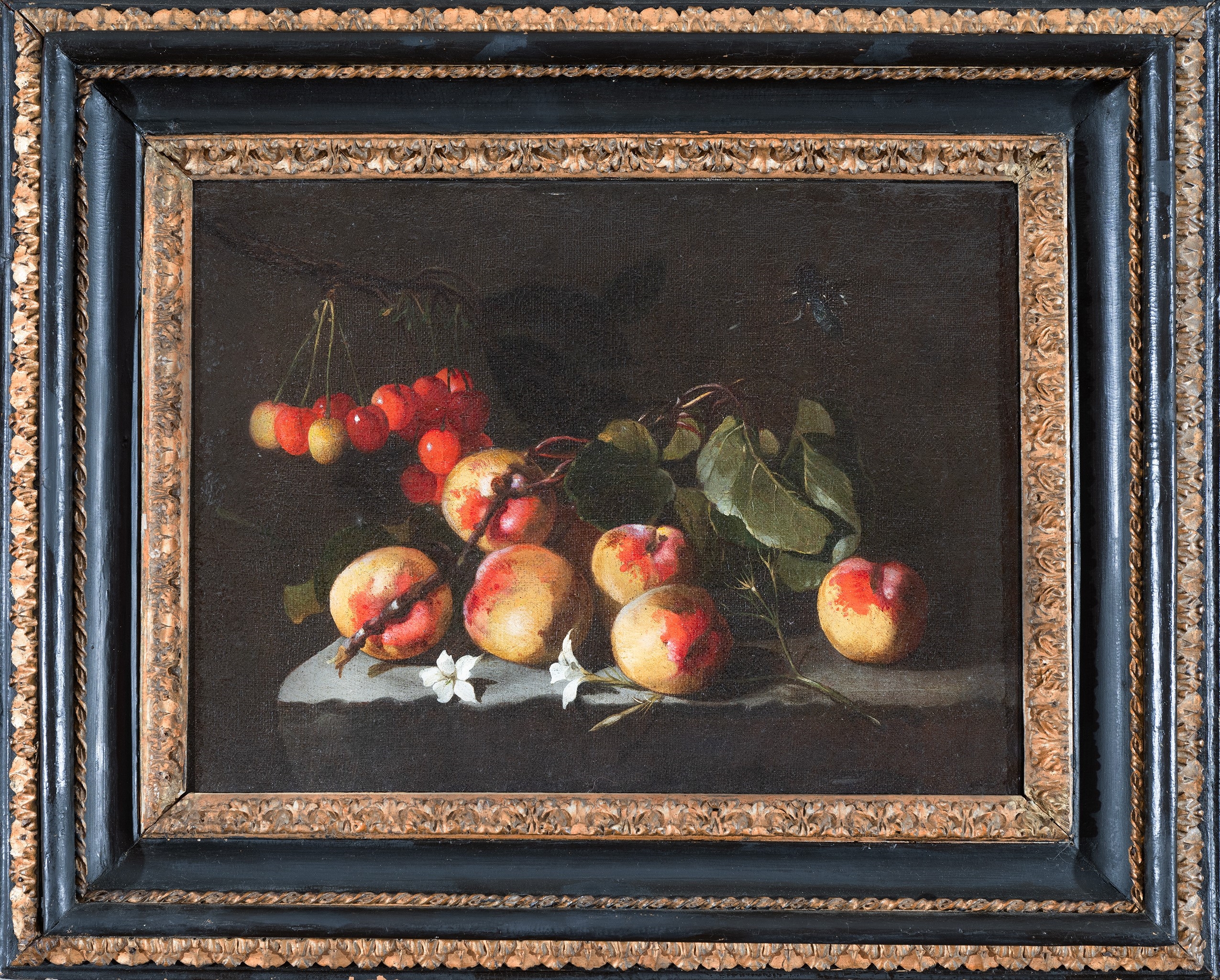 Artwork by Luca Forte, Pesche, ciliegie e gelsomini su un piano, Made of oil on canvas