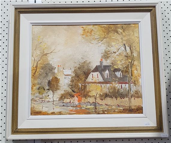 A framed landscape painting of a house in autumn with a figure walking in the foreground.