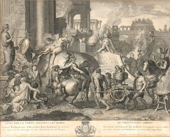 After Charles Lebrun LEBRUN Ainsy par la vertu s'élèvent les héros Il est d'un roix de se vaincre lui-même Two engravings 28 x 35 cm each by Charles Le Brun