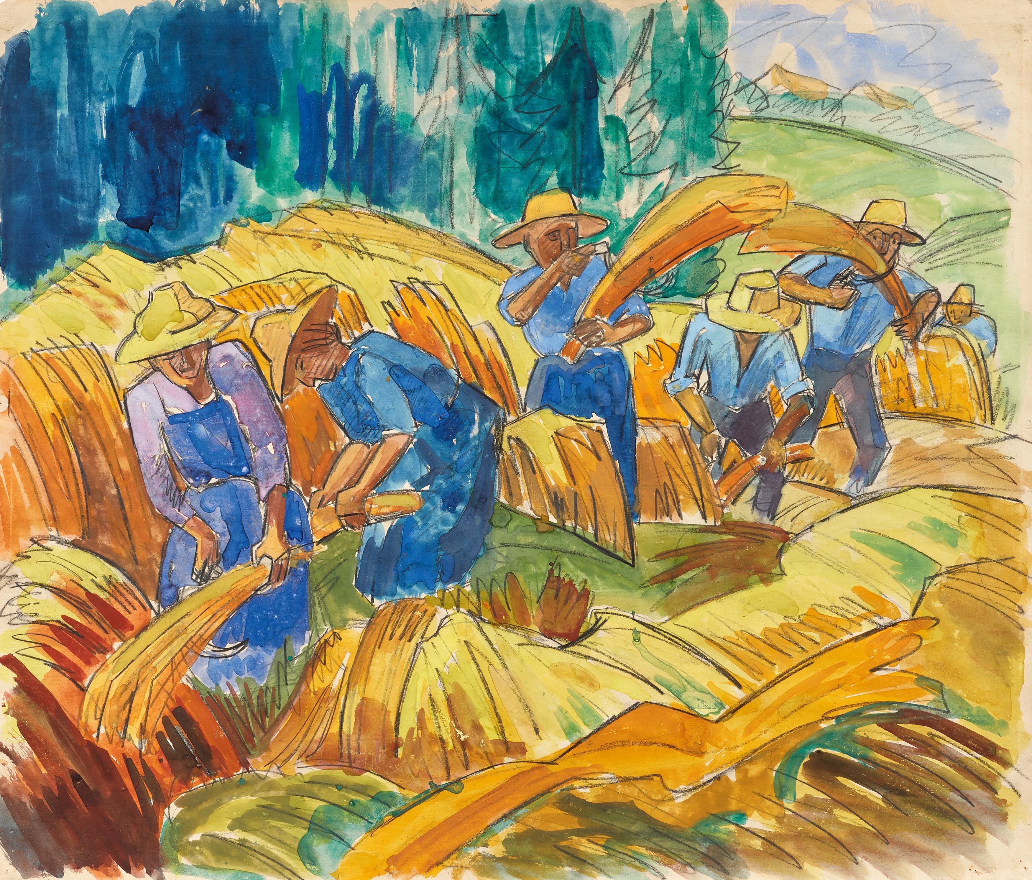 Artwork by Fritz Schaefler, Bei der Heuernte, Made of Watercolour and pencil on vellum