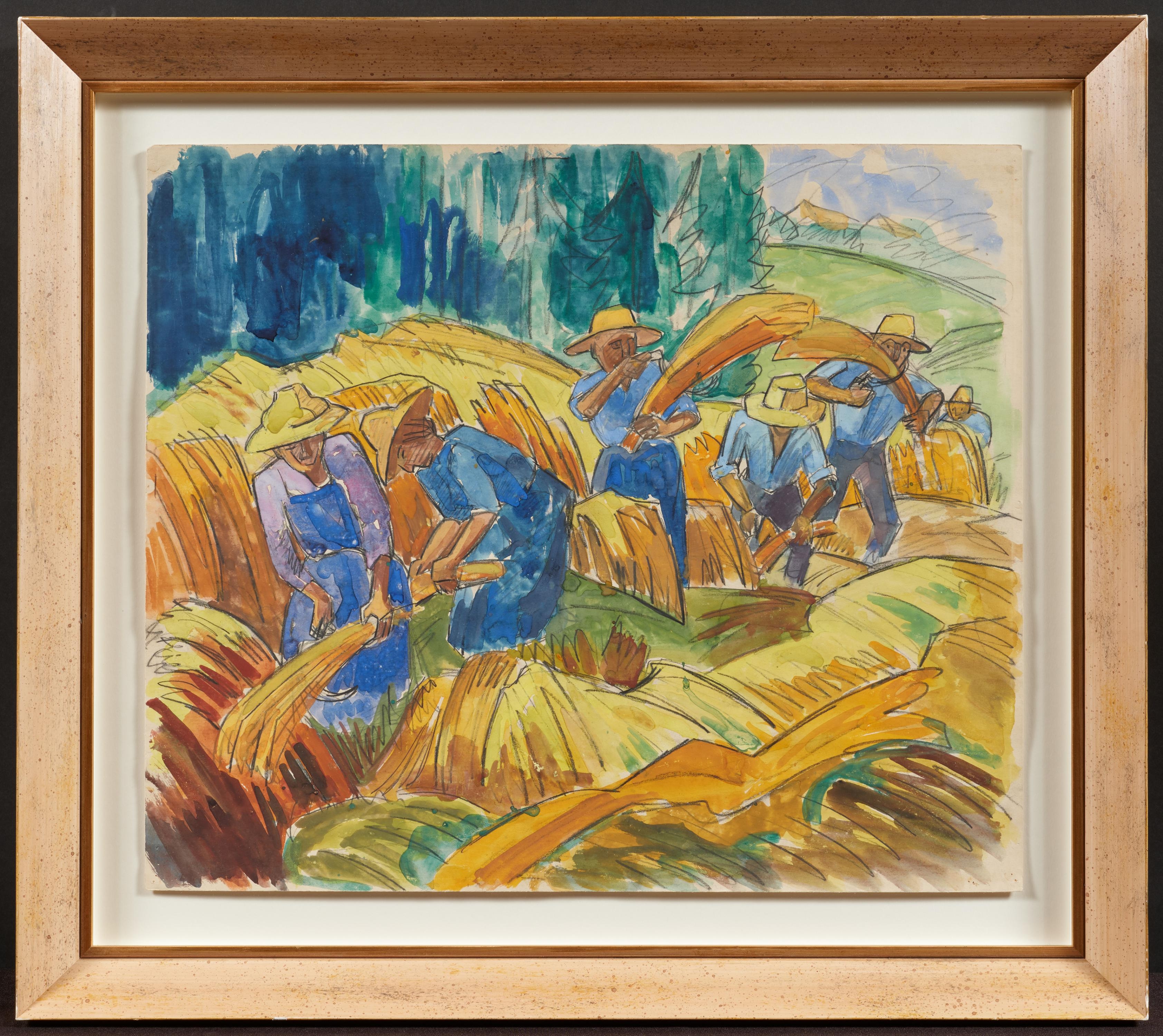 Artwork by Fritz Schaefler, Bei der Heuernte, Made of Watercolour and pencil on vellum