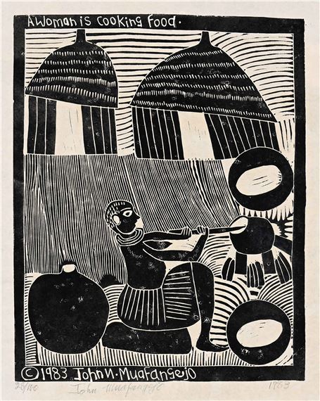 A Woman is Cooking by John Ndevasia Muafangejo, 1983
