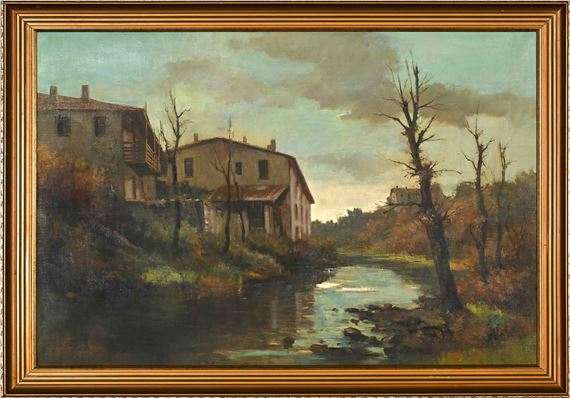 A moody landscape painting of a riverside scene with rustic buildings and bare trees under an overcast sky.