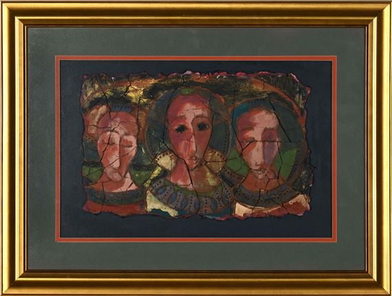 A framed triptych of three stylized faces with a cracked, textured surface.